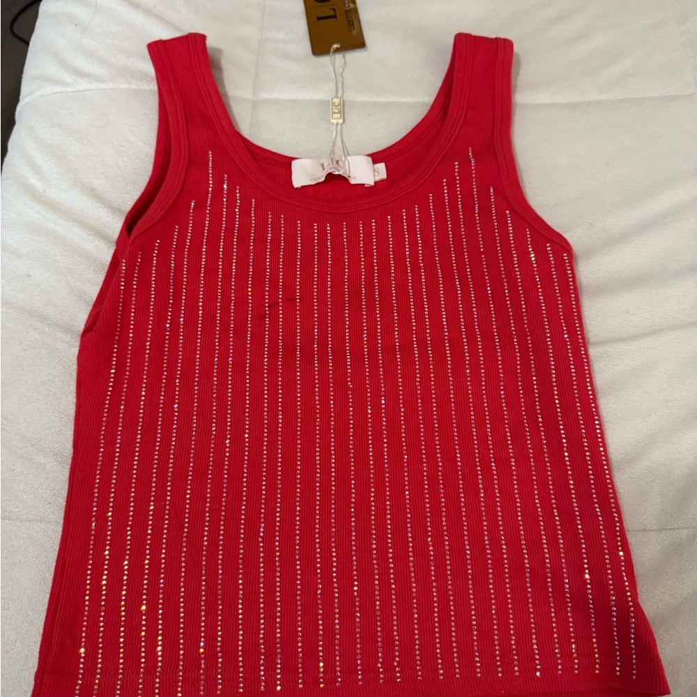 Red Sleeveless Top with Rhinestone Accents